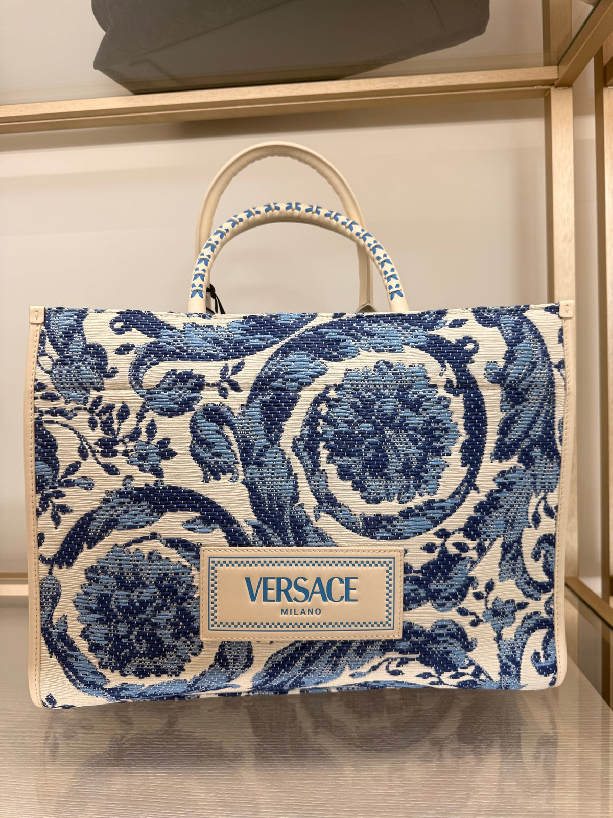 Versace — Large Tote (Rafia Carocco+Calf), Blue+White