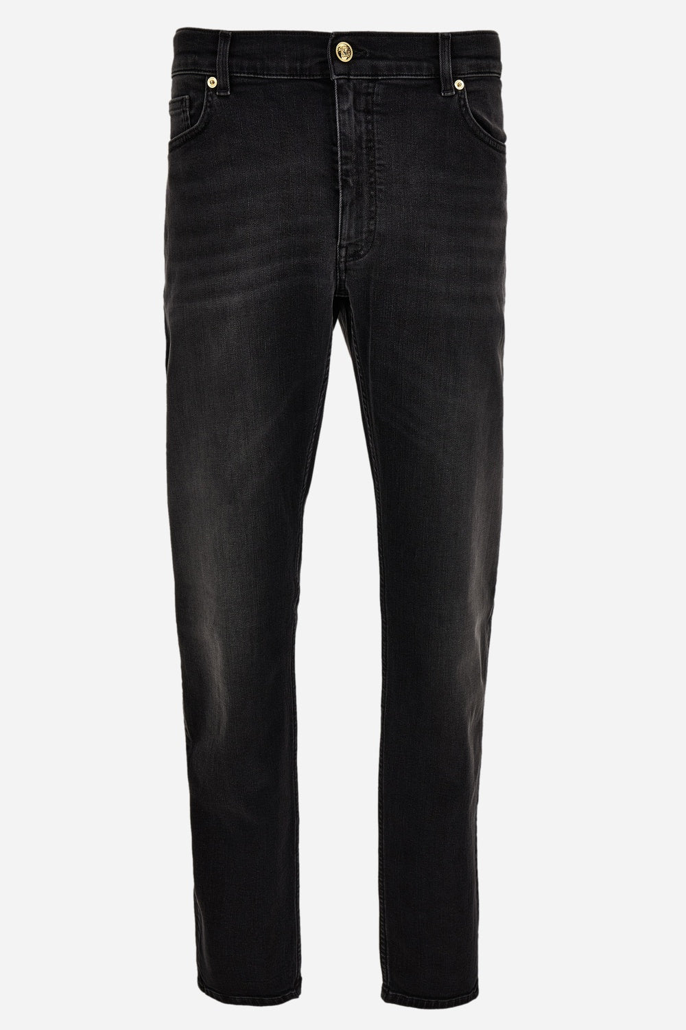 Versace — Pant Denim In Black Stretch Denim-Stone Wash-Mustache-Medusa Embroidery
