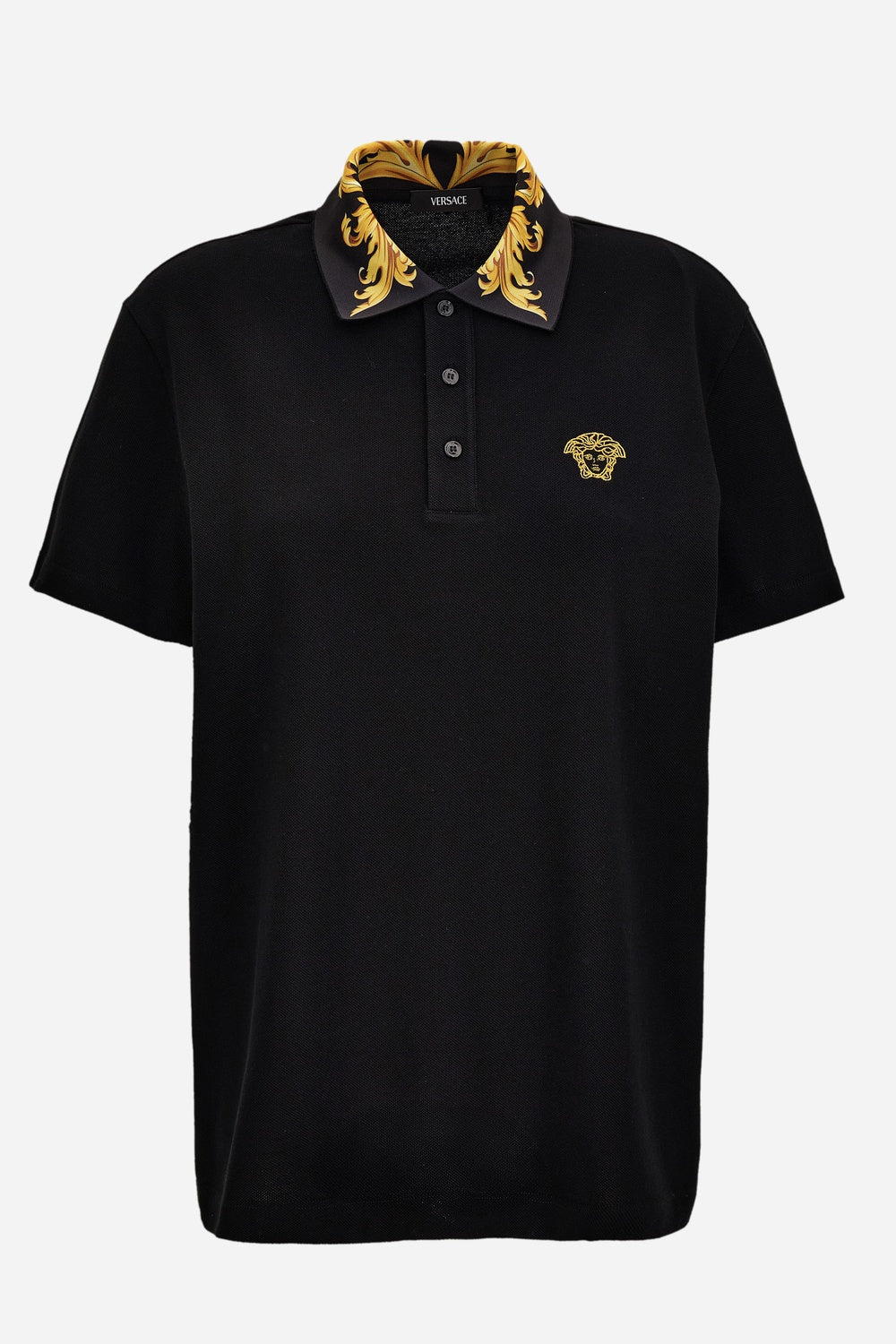 Versace — Polo In Cotton Piquet-Printleafy Collar-Medusa Embroidery