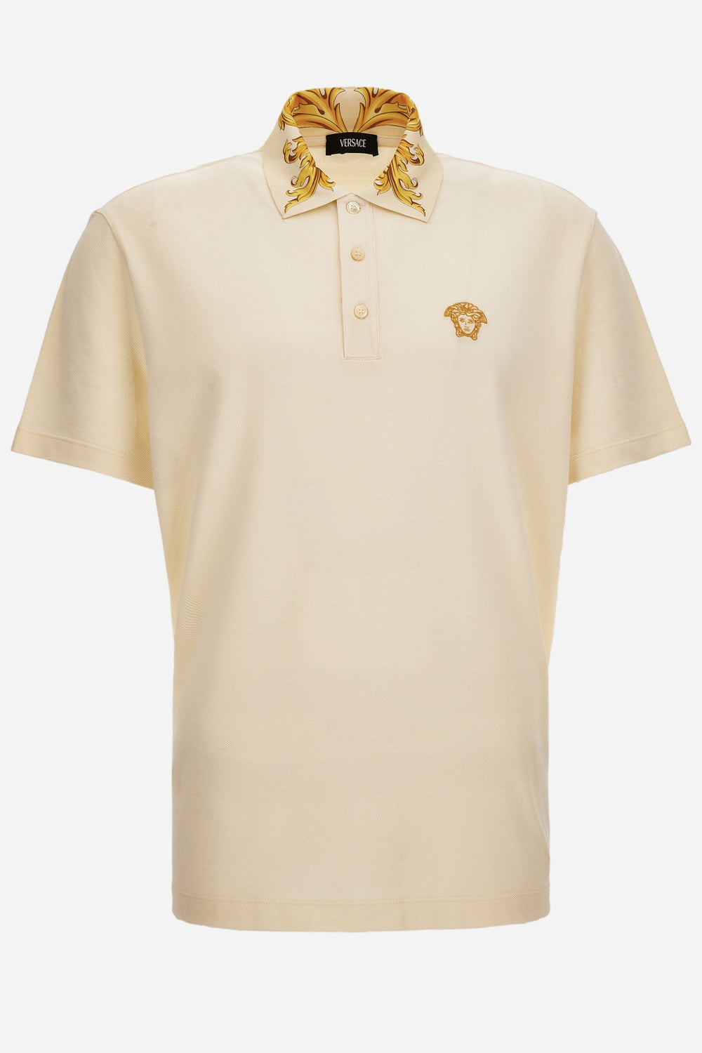 Versace — Polo In Cotton Piquet-Printleafy Collar-Medusa Embroidery