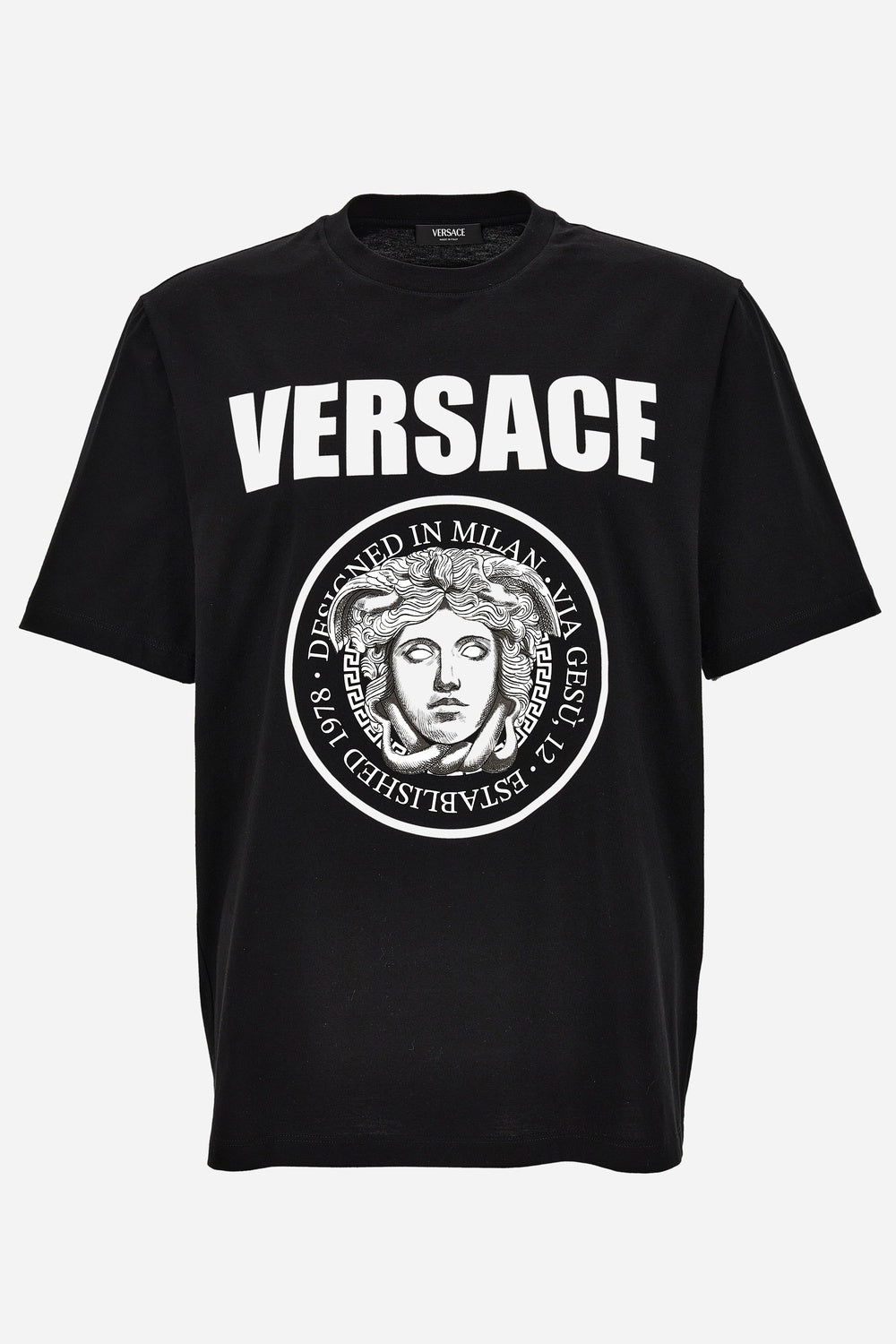 Versace — T-Shirt In Compact Cotton Jersey Fabric + Medusa Rock Print