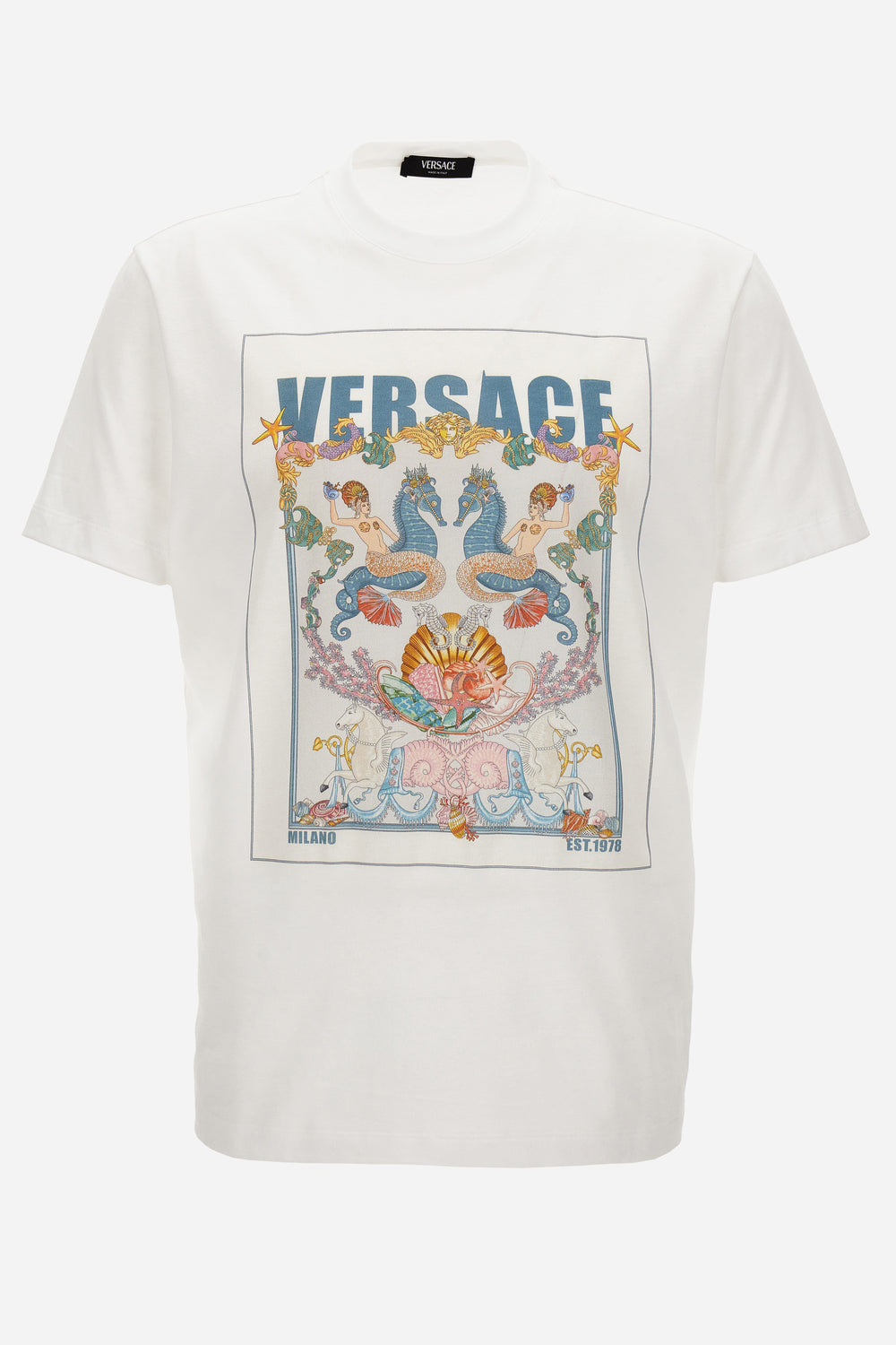 Versace — T-Shirt In Compact Cotton Jersey Fabric + Coral Theater Postcard Print