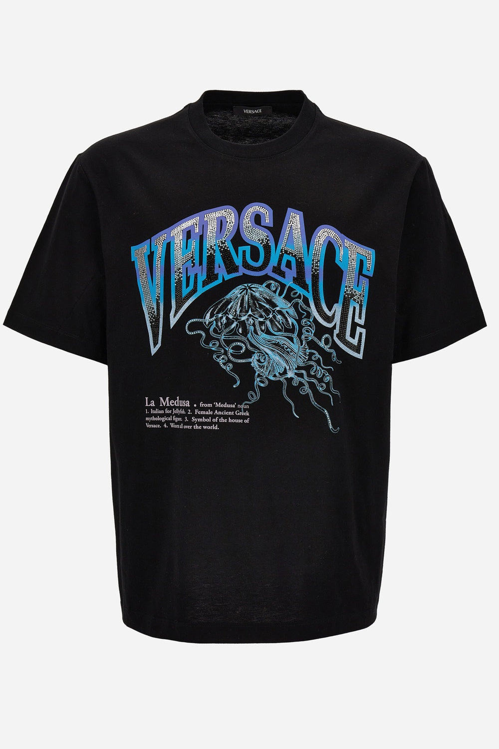 Versace — T-Shirt In Compact Cotton Jersey Fabric + Embroidery, Print And Hotfix La Medusa Vasrsity