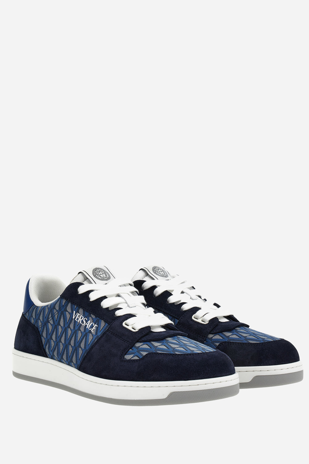 Versace — New Basket Sneakers In Suede+Jacquard V+Calf Leather