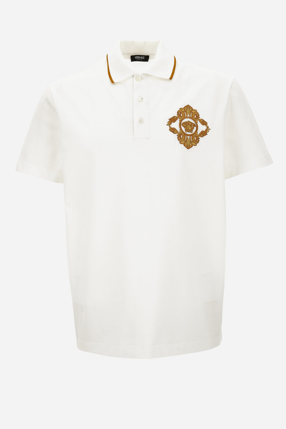 Versace — Polo In Piquet Fabric + Architectural Barocco Crest Embroidery