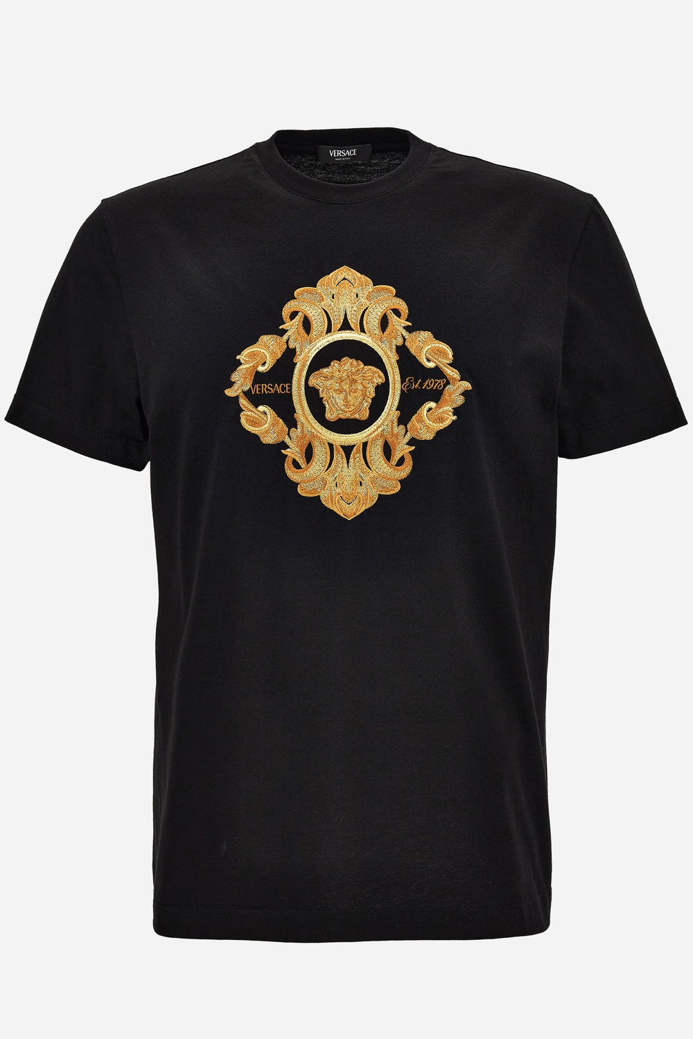 Versace — T-Shirt In Compact Cotton Jersey Fabric + Architectural Barocco Crest Embroidery
