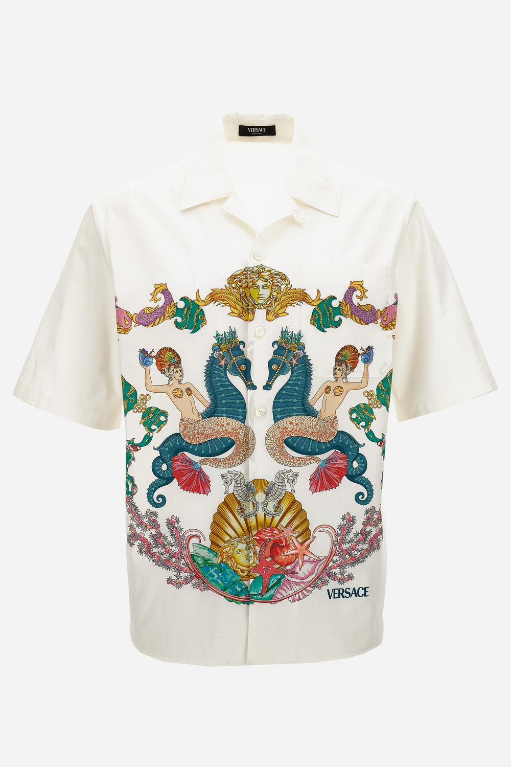 Versace — Informal Shirt In Poplin Fabric Coral Theatre Crest Print