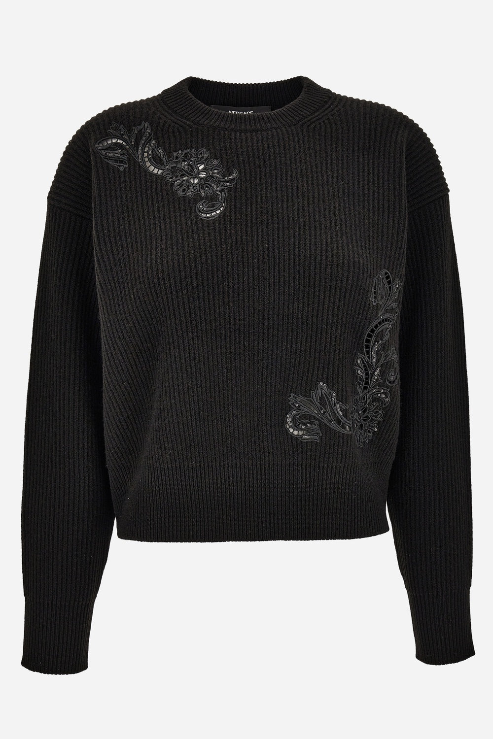 Versace — Knit Sweater In Barocco Leaf Embroidery + Sequins Leaf Rws Wool