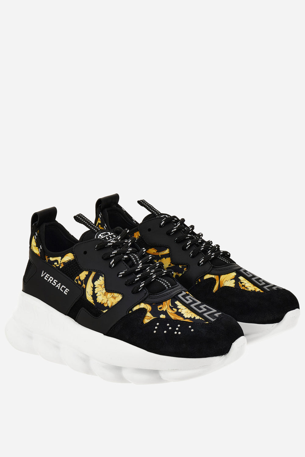 Versace — Chain Reaction Low Top In Suede-Barocco Print Fabric