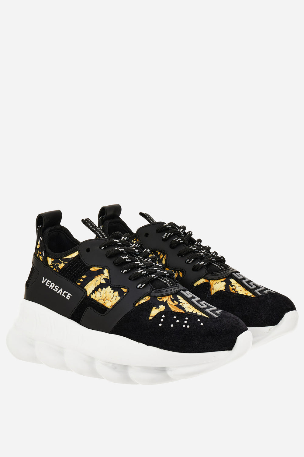 Versace — Chain Reaction Sneaker In Suede-Barocco Print Fabric