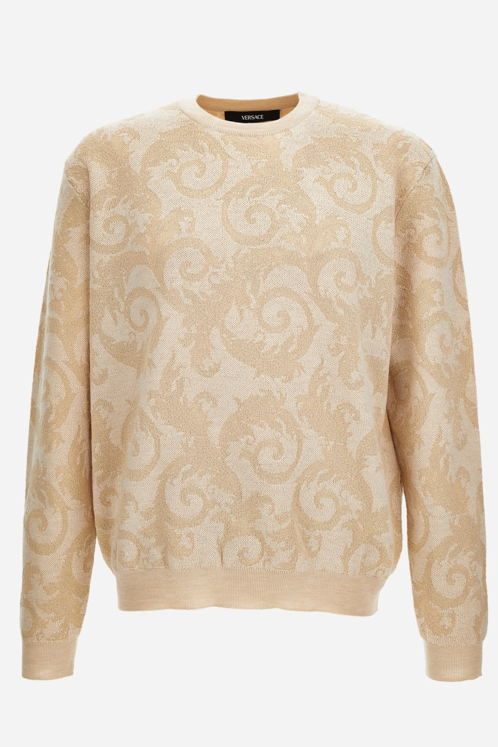 Versace — Knit Sweater In Barocco Leafy Jacquard Wool Blend