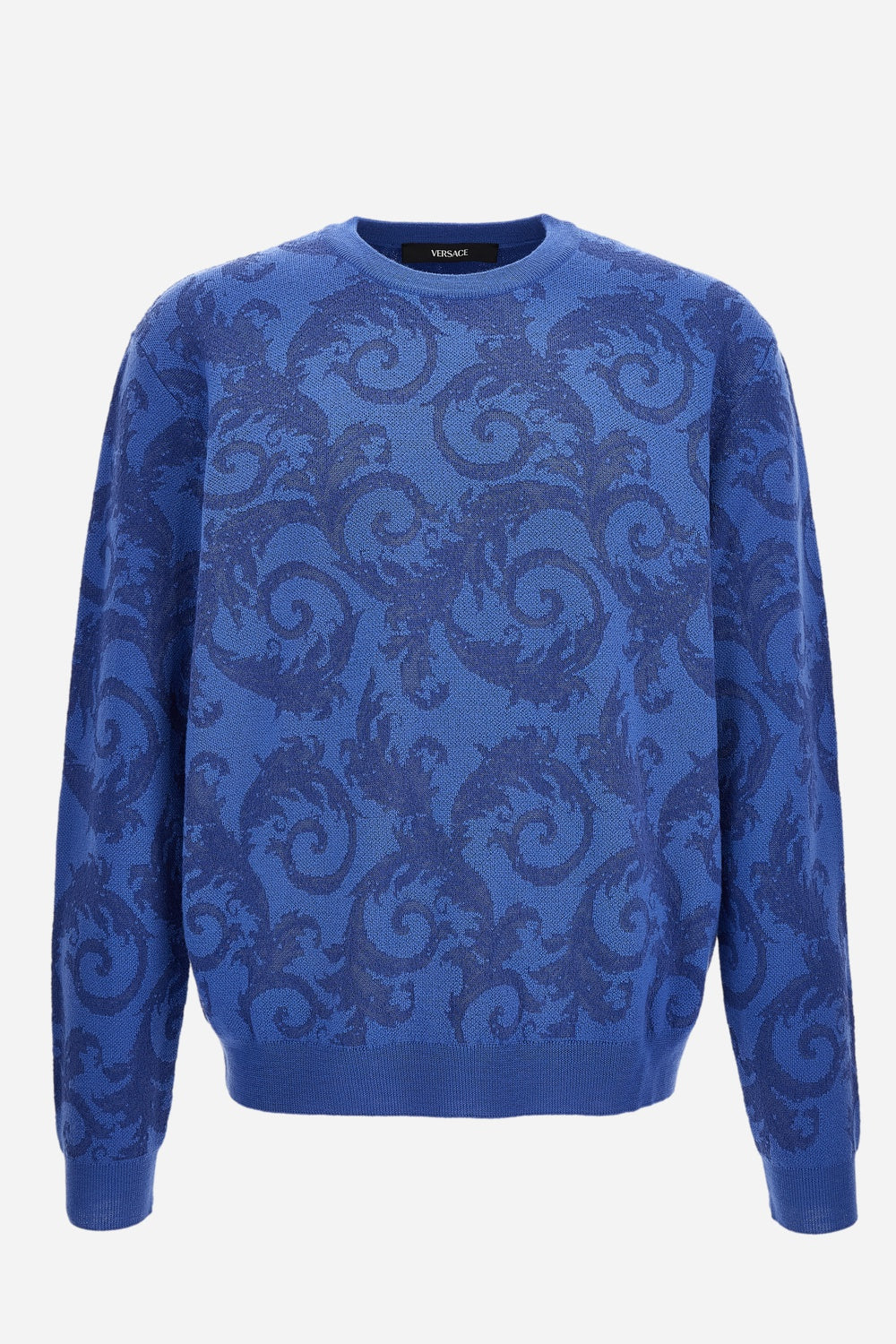 Versace — Knit Sweater In Barocco Leafy Jacquard Wool Blend