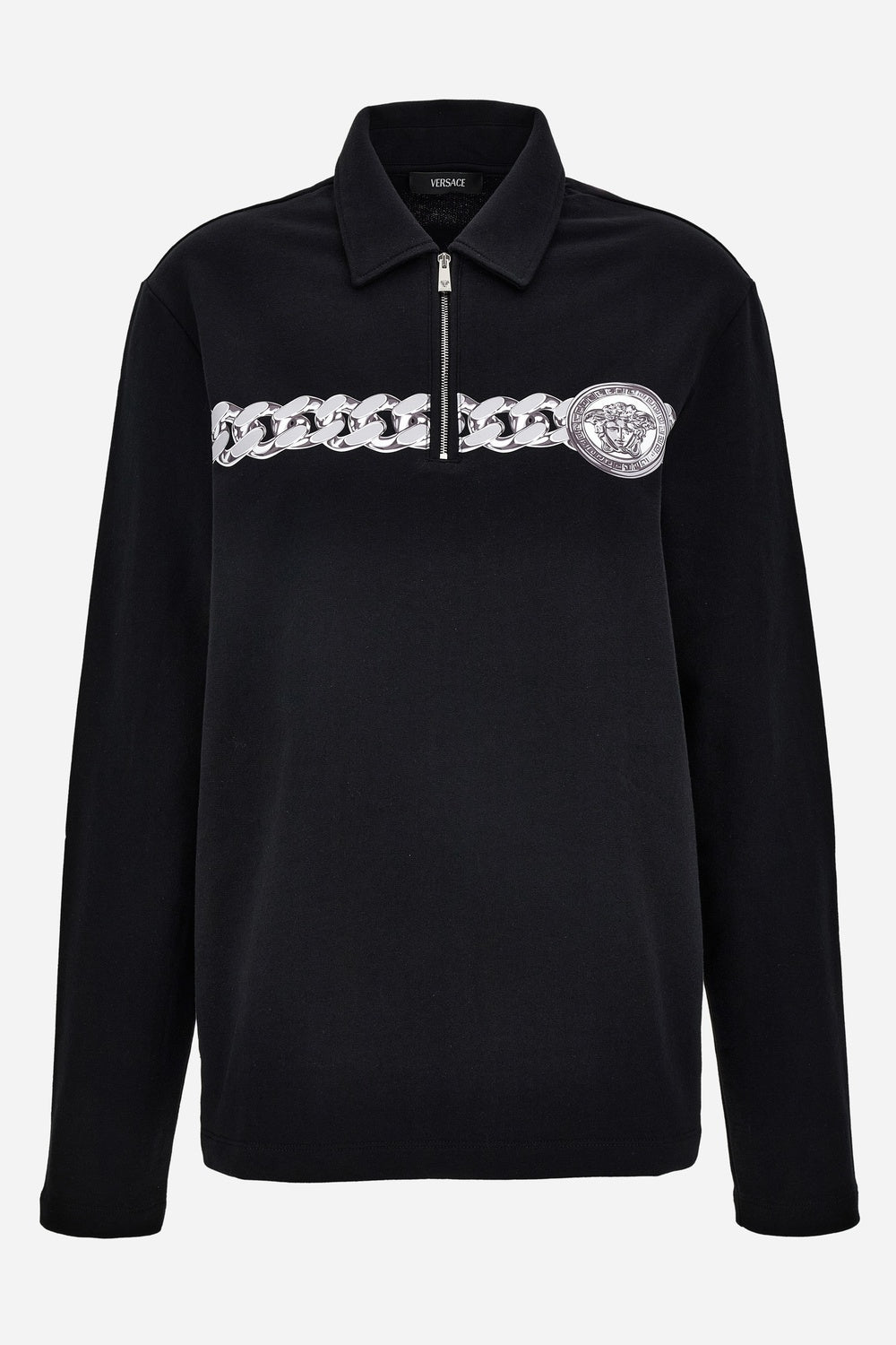 Versace — Polo In Organic Cotton Sweatshirt Fabric Chain Print-Zip Collar