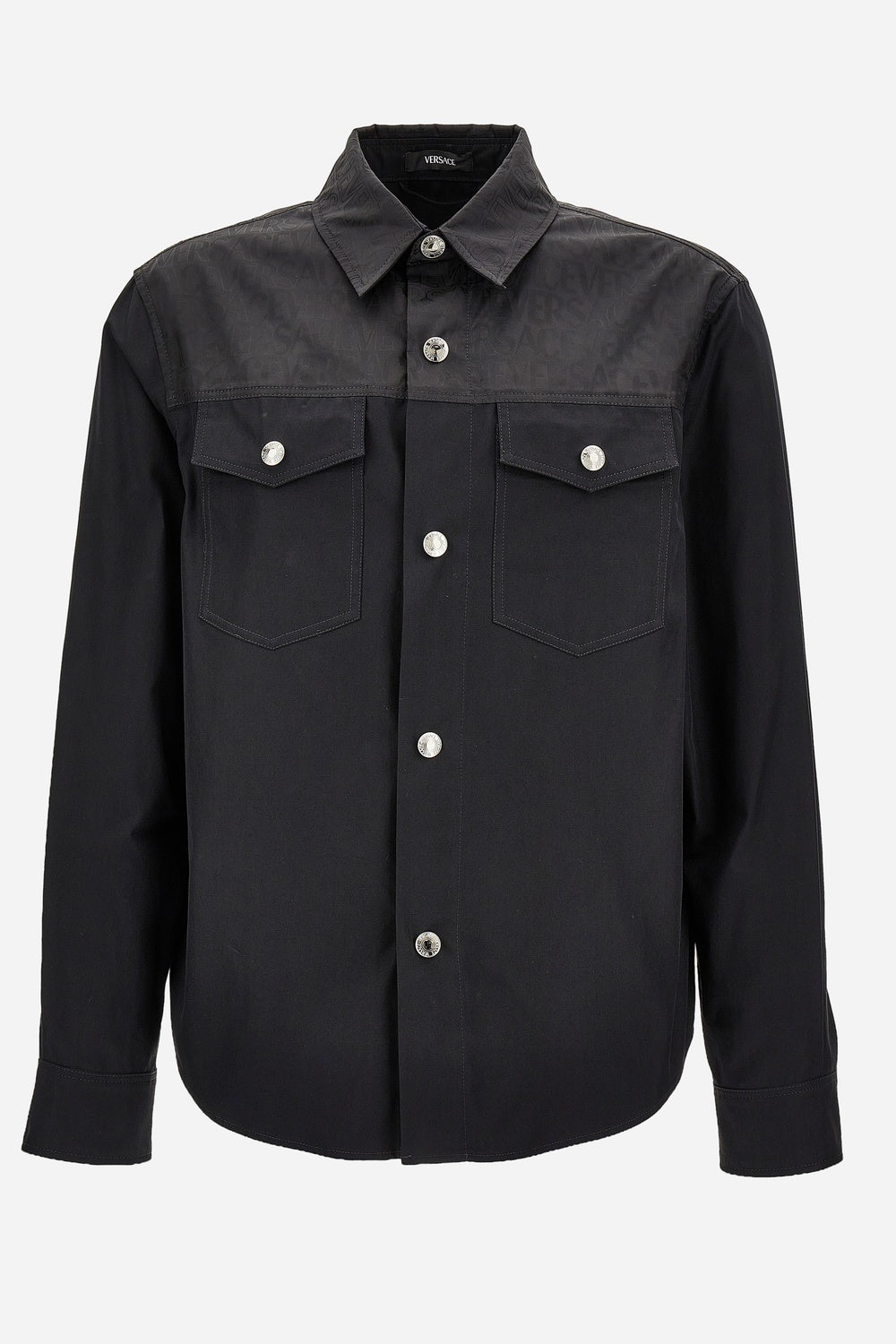 Versace — Informal Shirt In Combo Fabrics Cotton Gabardine Wr+Ecofriendly La Greca Techno Canvas Wr