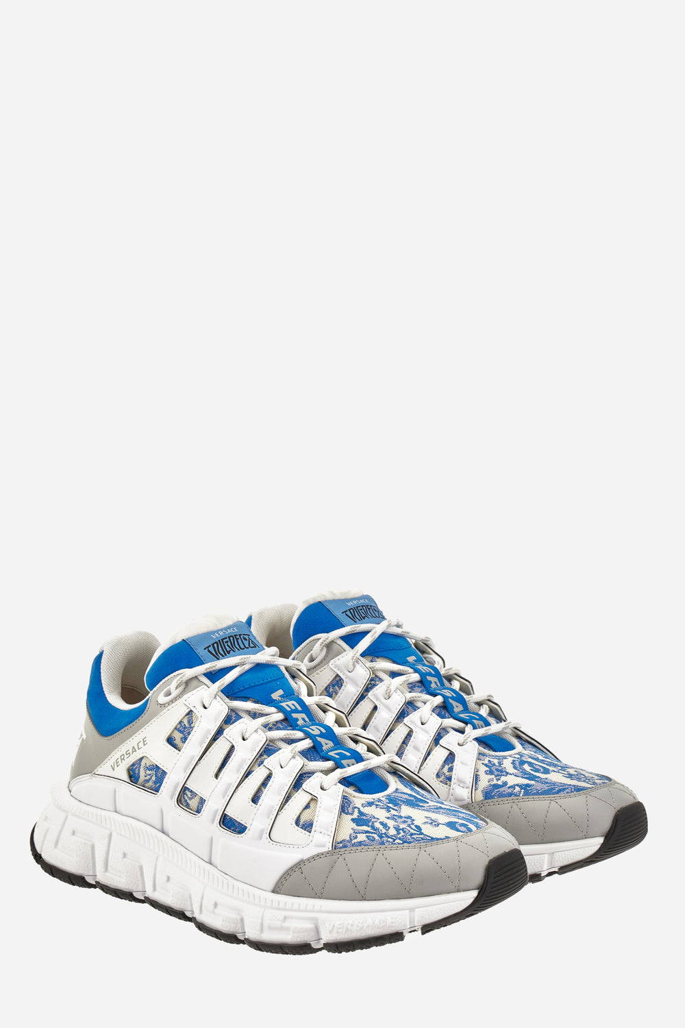 Versace — Trigreca Sneaker In Calf Leather-Jacquard Barocco Fabric