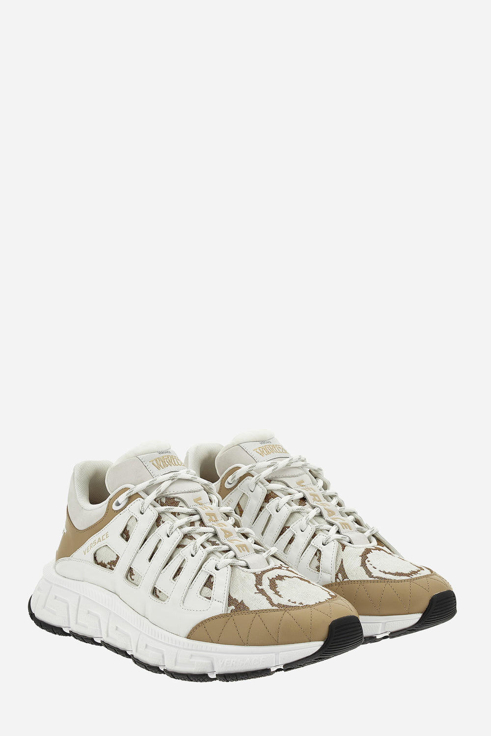 Versace — Trigreca Sneaker In Calf Leather-Jacquard Barocco Fabric